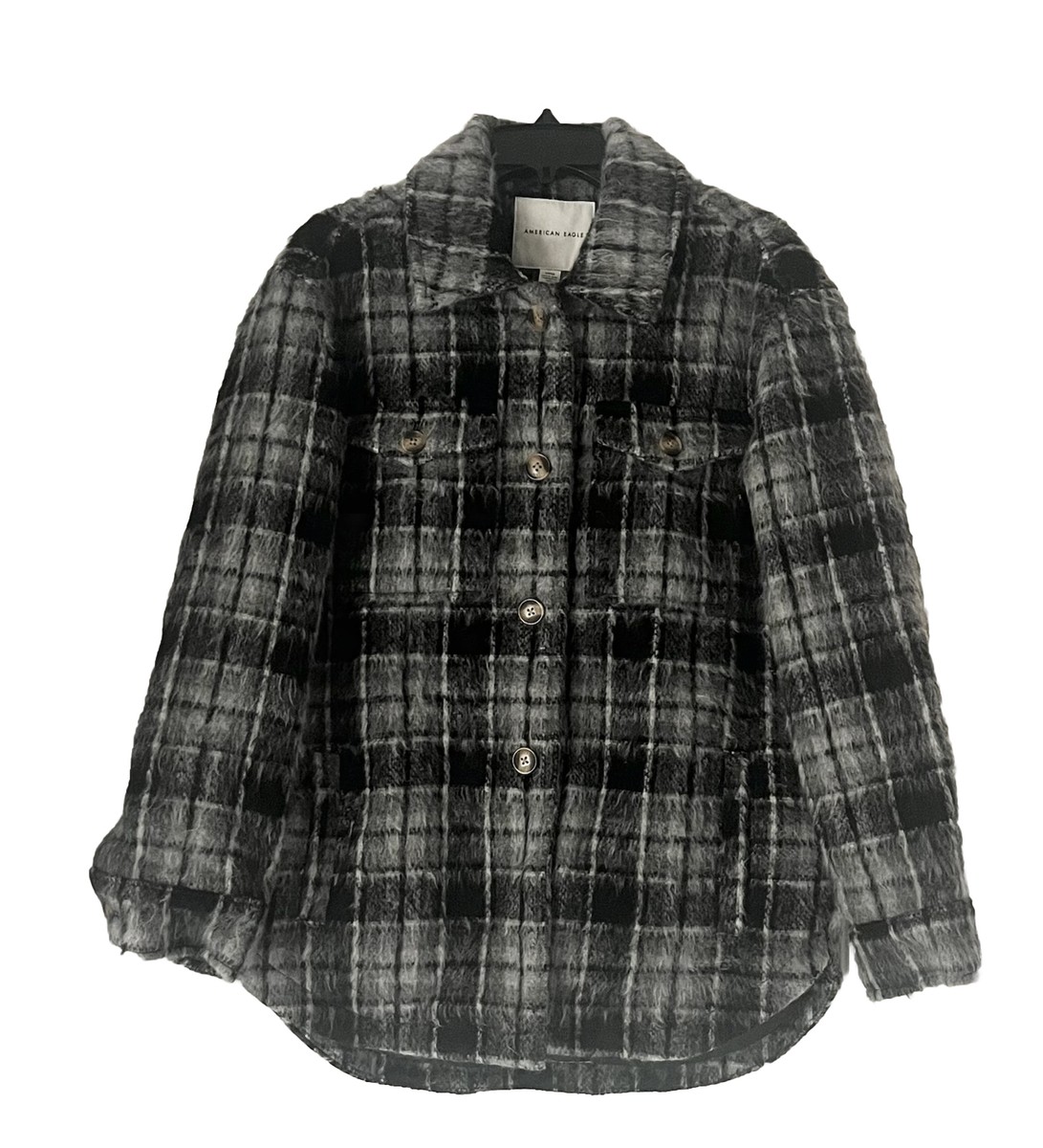 AMERICAN  EAGLE  NWOT American Eagle Oversized Brushed Sherpa Plaid Jacket Gray