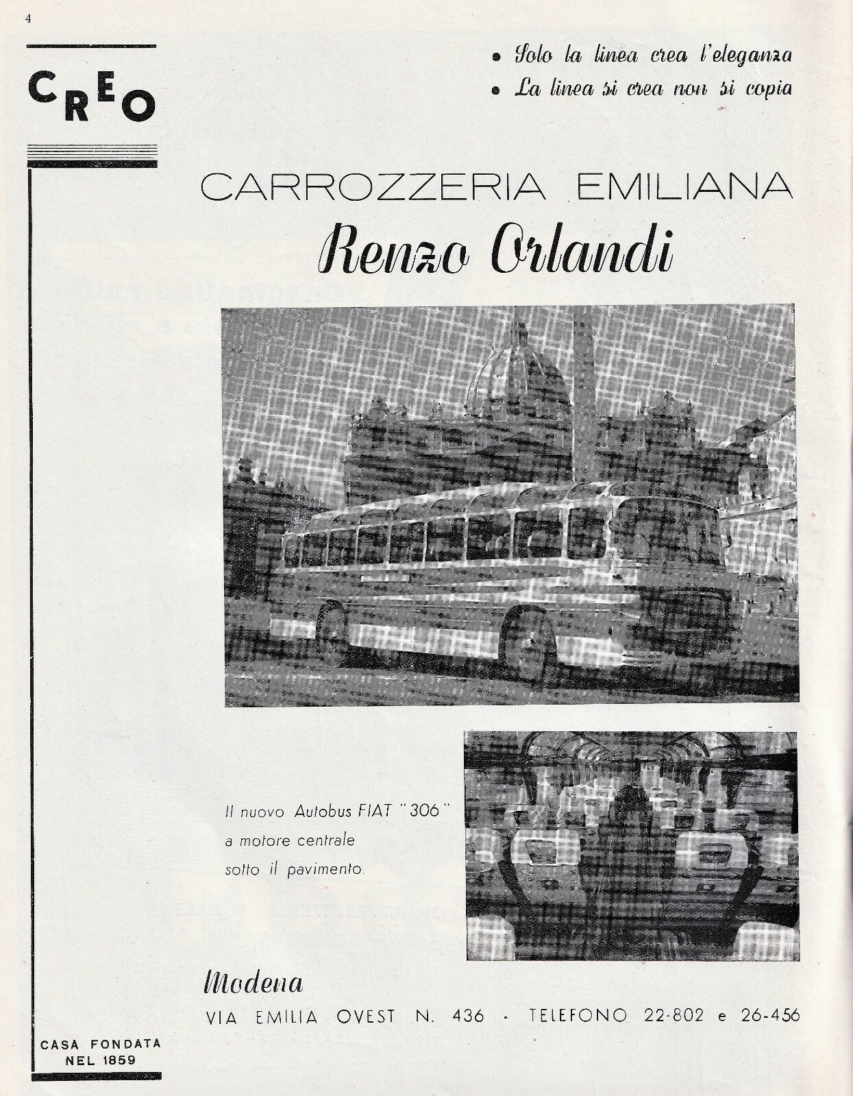 PUBBLICITA' 1956 AUTOBUS FIAT 306 ROMA CREO CARROZZERIA EMILIANA ORLANDI MODENA