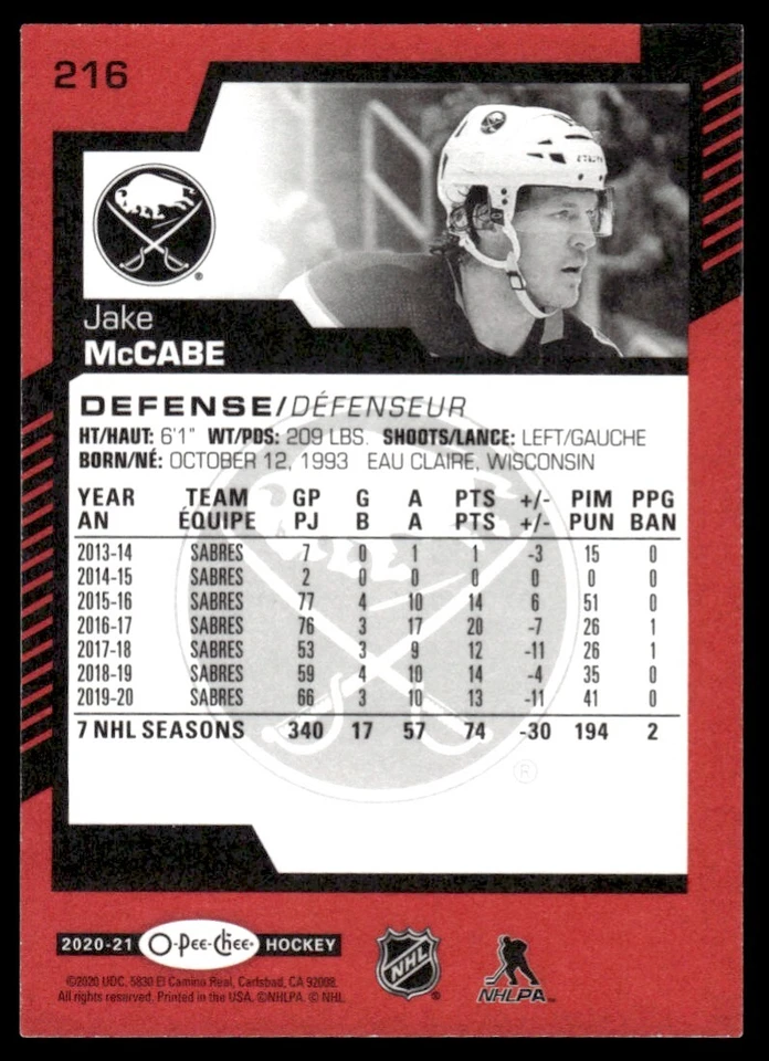 2020-21 O-Pee-Chee Blue Border Jake McCabe Buffalo Sabres #216 - Image 2 of 2