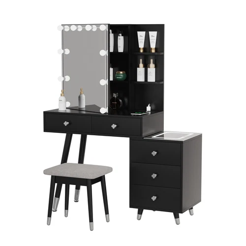 Modern Vanity Set Modern Makeup Table Stool Set with Bulb LED Mirror & Cabinet - Picture 6 of 7