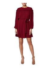 LAUNDRY Womens Maroon Self Tie Belt Closure Balloon Sleeve Short Dress 2