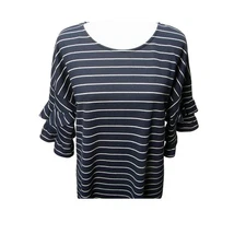 Signature Studio Navy White Striped Shift Dress Ruffle Sleeve Casual Comfy Large