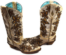 Corral Women's 8 M Bone Overlay RHINESTONES Western Boot Snip Toe - C3462