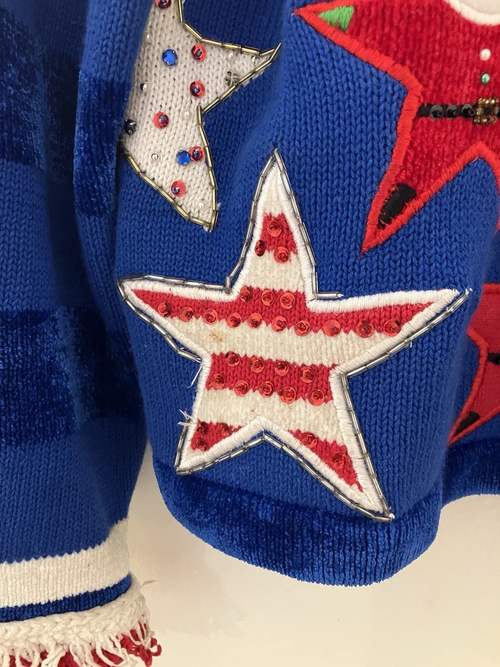 Cárdigan Suéter Jack B Quick Vintage Rojo Blanco Azul Santa Star Navidad Talla L Foto 3 de 4