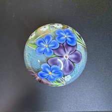 Orient & Flume Signed Art Blue Purple Flower Glass Paperweight Large Studio Ball