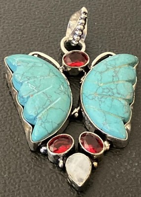 Türkis Granat Mondstein Schmetterling Anhänger Statement versilbert 2,3''