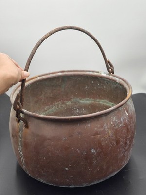 Antique 19th-Century Primitive Copper Cauldron Hand-Hammered Body, an Aged Green