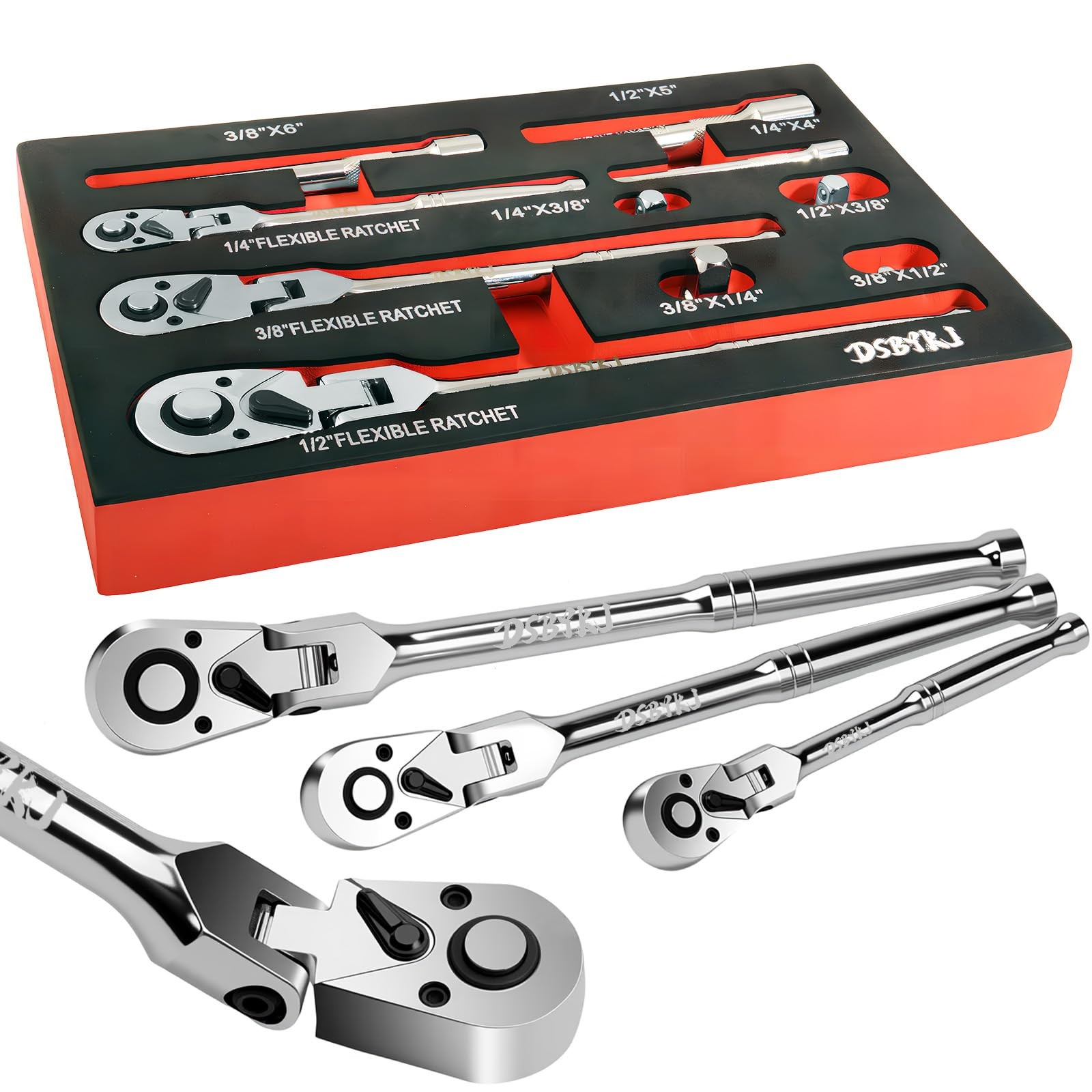 10-Piece Flexible Ratchet Set, 1/4“, 3/8” and 1/2