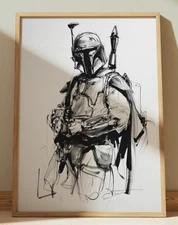 BOBA FETT STAR WARS INK DRAWING PRINT SKETCH 8" x 10" BOBA FETT PRINT WALL ART