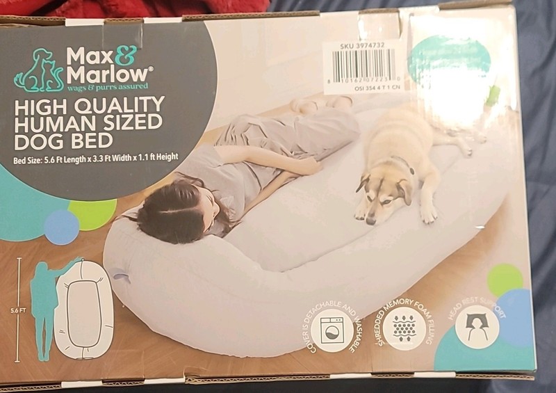 Max & Marlow Human Sized Dog Bed XL Memory Foam, Washable Cover, Head Rest