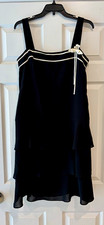 Ann Taylor LOFT Black Chiffon Layered, Bow White Trim Square Neck LBD,Sz 8