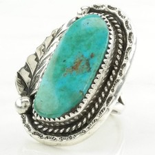 Native American Silver Ring Turquoise Leaf Large Sterling Blue Size 6 3/4