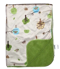 Snugly Baby Tree Owl Bee Leaf Blanket Tan Green Sherpa Security Lovey EUC