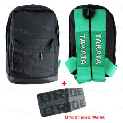 JDM BRIDE RACING BACKPACK W/ GREEN RACING HARNESS SHOULDER STRAPS +BIFOLD WALLET