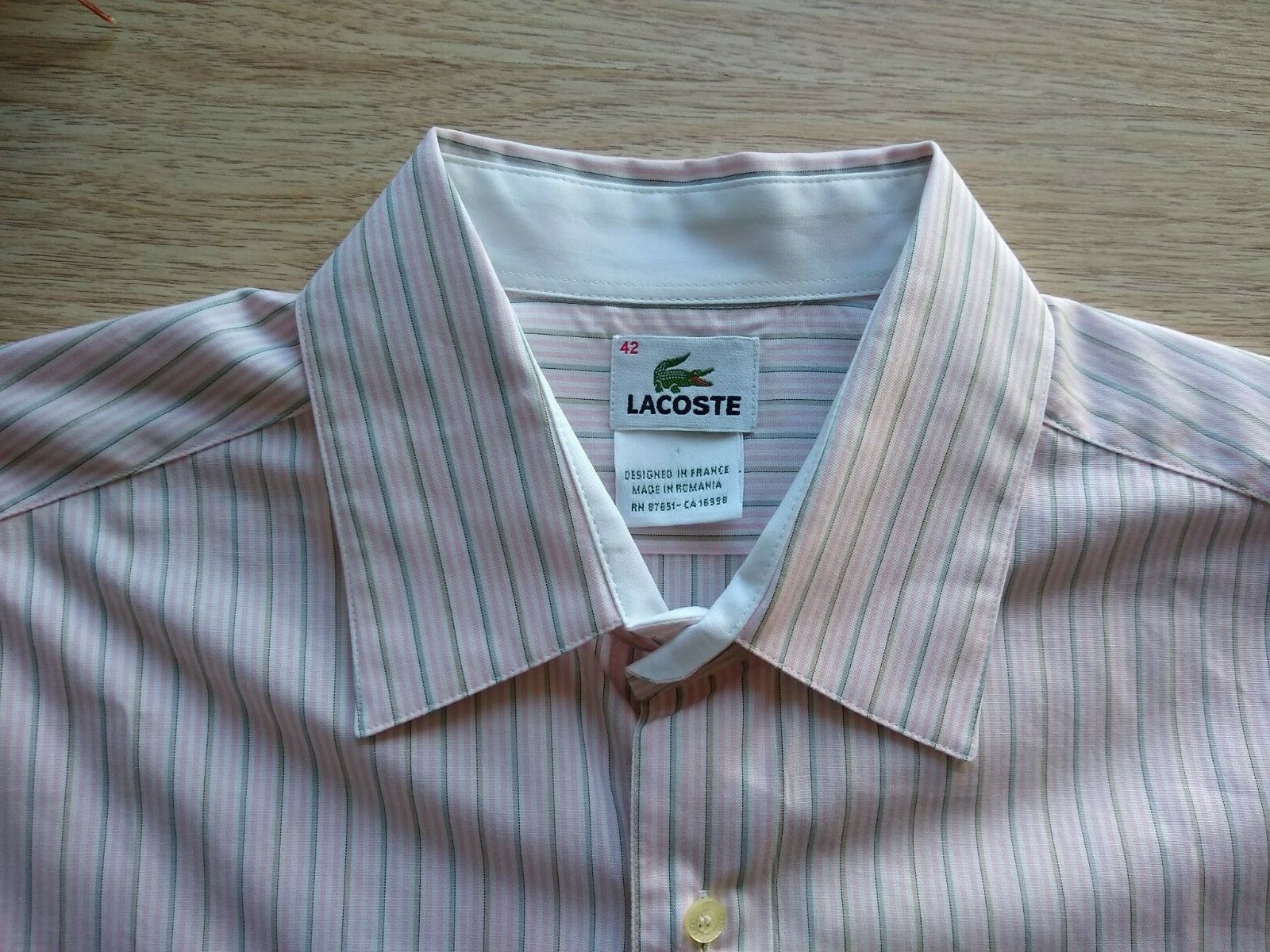 LACOSTE Long Sleeve Shirt Button-down Pocket Pink Green Stripped Sz.42