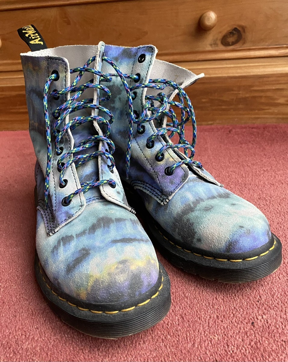Dr Martens Doc Docs Tie Dye Blue Pascal Soft Suede Lace Up Boots Size 41