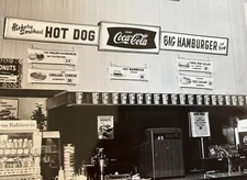 1950s Coca-Cola Soda Fountain Hot Dog Big Hamburger Fishtail Sign Original Photo