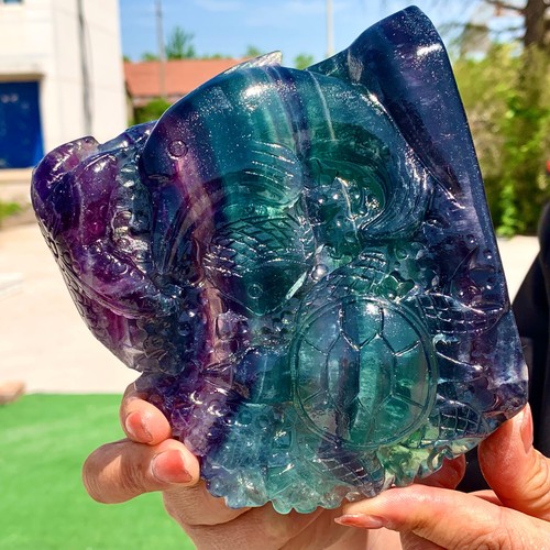Fluorita verde púrpura natural de 2,9 lb tallada a mano especificaciones del mundo submarino - Imagen 8 de 18