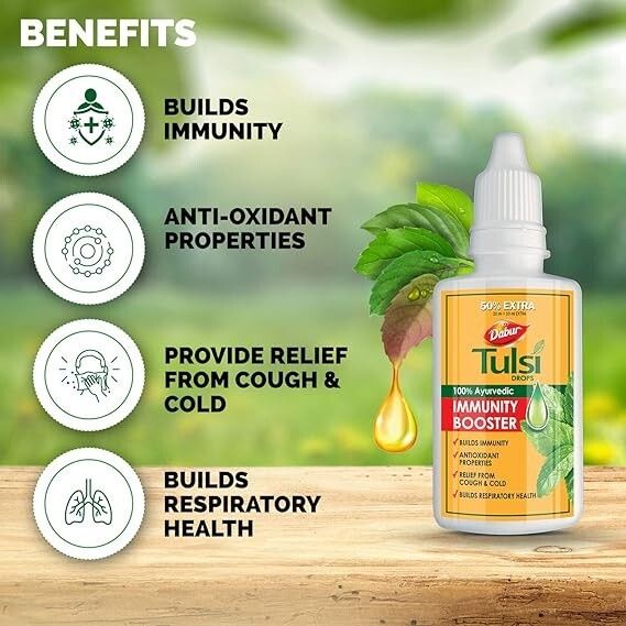 DABUR Tulsi Ark Drops - Gouttes à Base De Basilic Sacré Pour L'immunité - 30 ML - Sans Alcool - Date D'expiration 2025