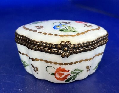 Vintage Peint Main Trinket Box -  Shaped Floral and Gold Box