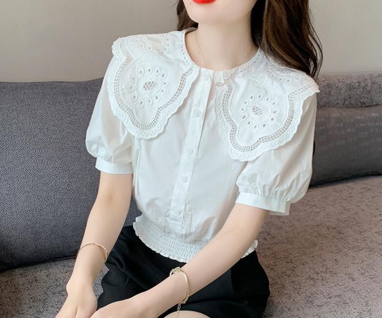 Womens Fashion Summer Doll Collar Short Sleeve Loose White Shirt Short  Blouses