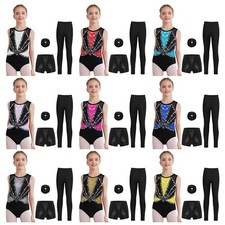 Kids Girls Dancewear Pants Outfit Workout Set Ballet Shiny Rhinestones Leotard