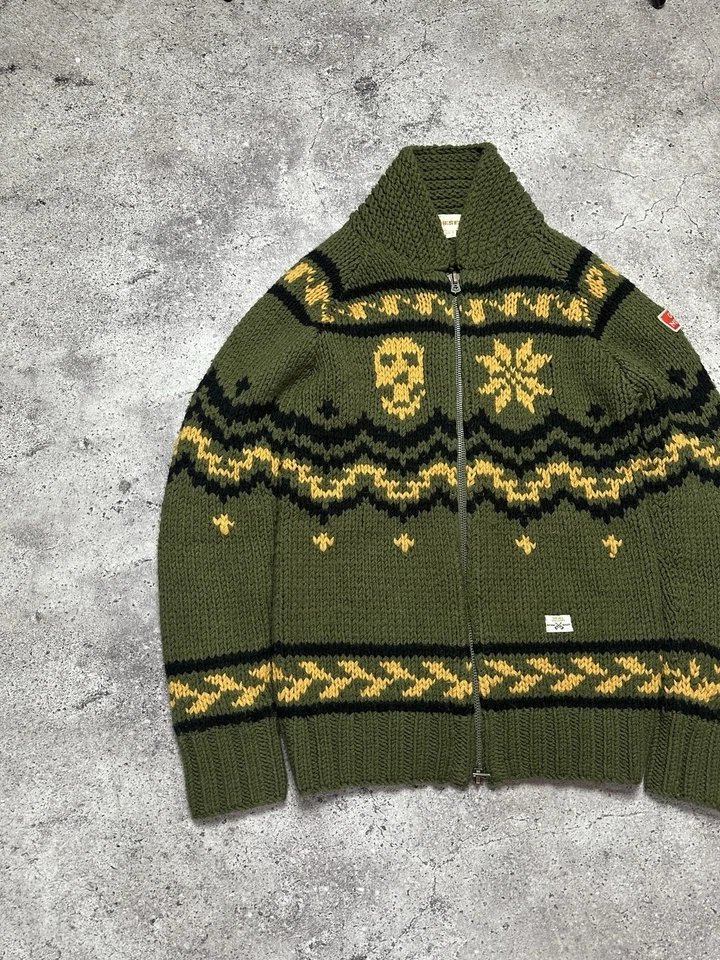Cardigã Diesel Rockstar lã malha suéter verde zíper caveira estilo japonês raro P - Imagem 3 de 4