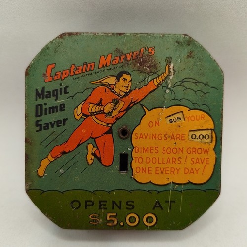 Vintage 1948 CAPTAIN MARVEL Magic Dime BANK Blue TIN Litho Fawcett Toy SHAZAM - Picture 7 of 11