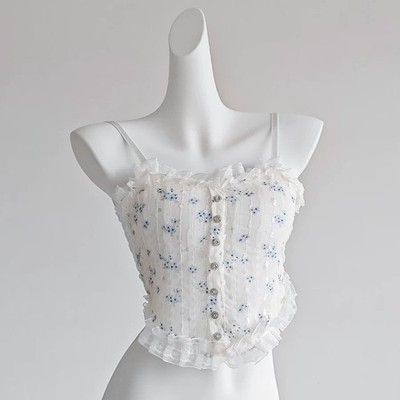 Damen Blumen Spaghetti Tanktop mit Polsterung Kurz-Pyjama-Top Brust Wrap