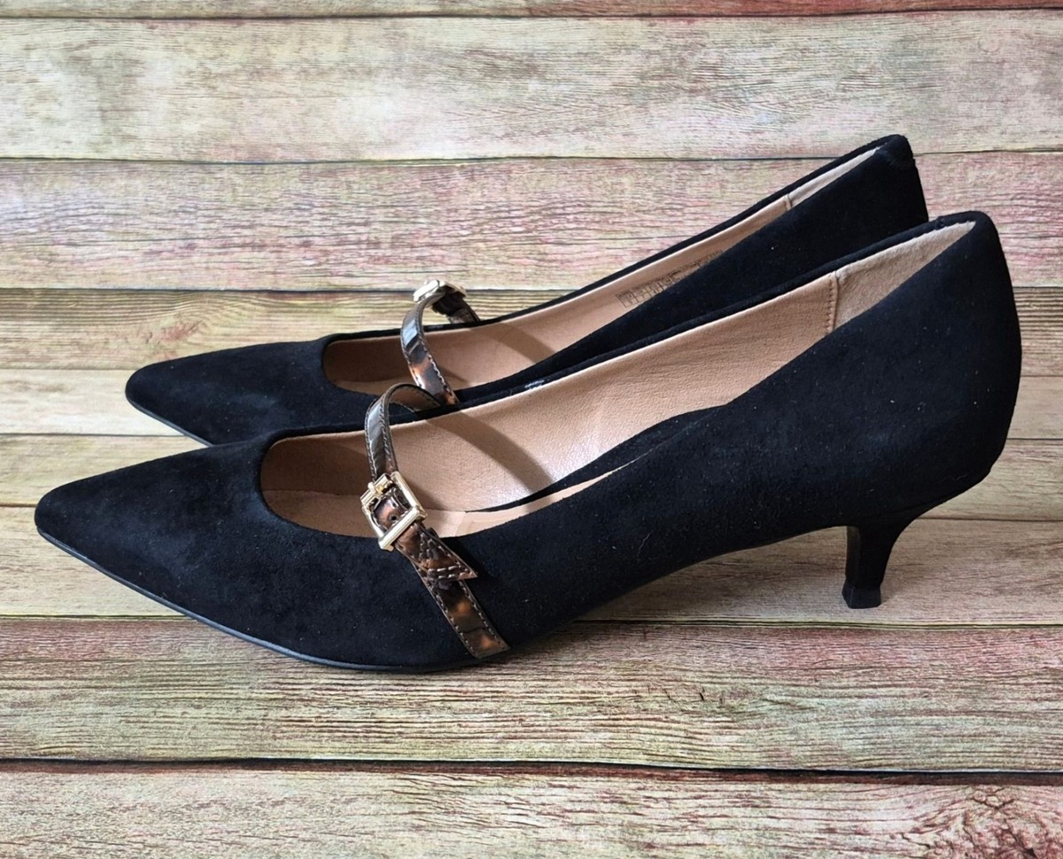 Vionic Minnie Tortoise Strap Kitten Heel Size 9 Black Suede Shoe