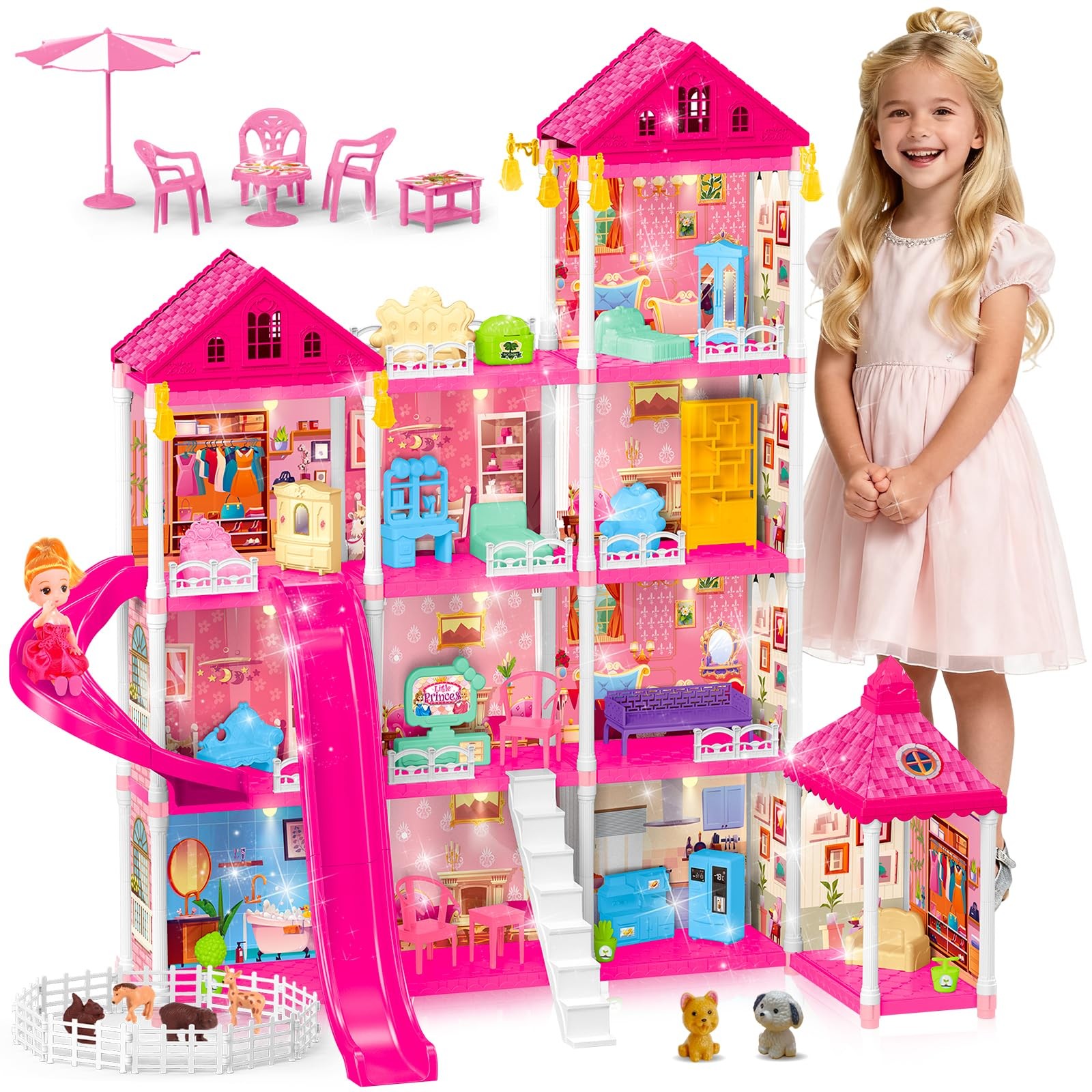 Rongmeiz 4-Story Doll House Large DIY Playhouse for Girls, L