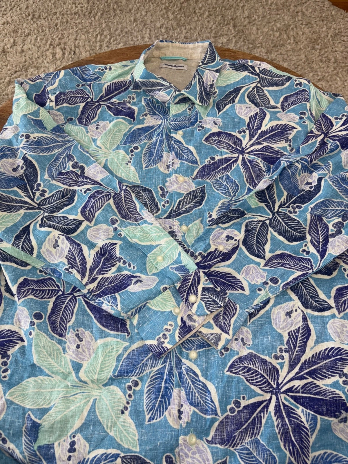 Tommy Bahama Shirt Mens 3XL Blue White Linen Blend Long Sleeve Button Up