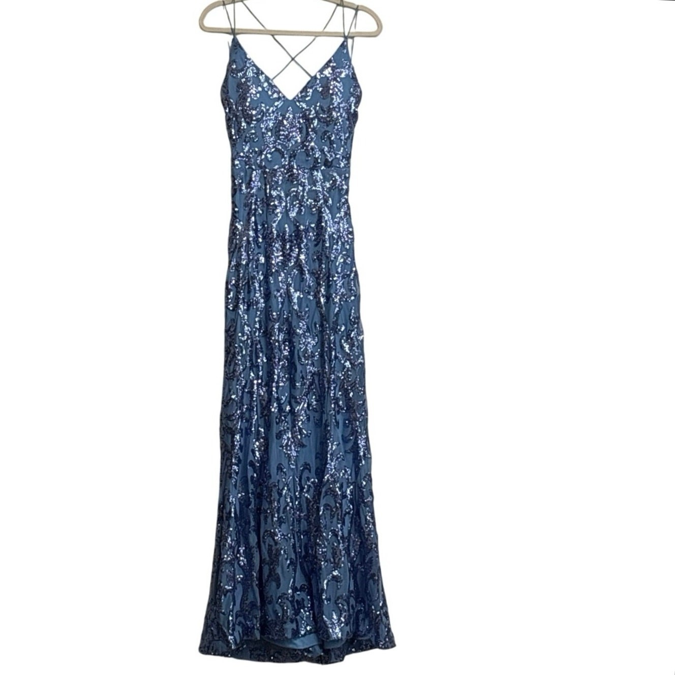 B. Darlin Blue Sequin Formal Dress Floor Length Exposed Back Size M