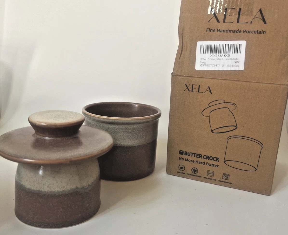 Xela Porcelain Butter Keeper French Crock Reactive Two Tone Color - Open Box