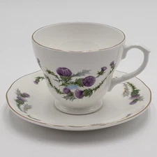 Vintage Balfour Scotland China Thistle Purple Tea Cup & Saucer Set Floral Gold