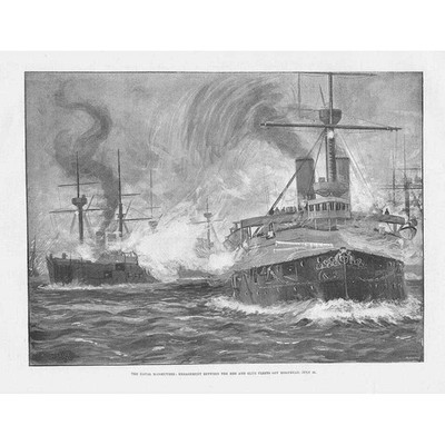 ROYAL NAVY Engagement between Red & Blue Fleets off Holyhead Antique Print 1893