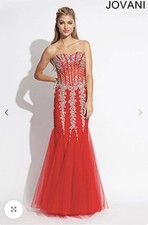 Jovani Red Silver Embellished Strapless Formal Evening Dress Gown