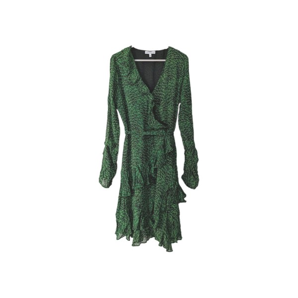 Wayne Cooper Green/Black Animal Print Wrap Dress Long Sleeve Chiffon 12