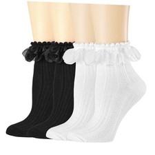 Womens Crew Socks Lace Ruffle Frilly Cotton Cute 4pairs-3 2black 2 White 