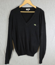 Lacoste Mens XL Wool Sweater V Neck Pullover Black Long Sleeve Logo Retro Y2K