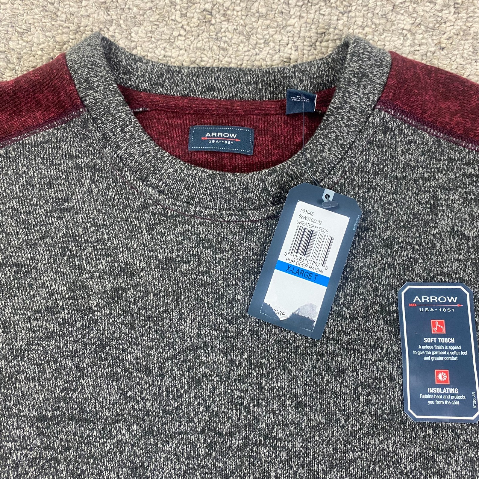 NWT Arrow Fleece Sweater Mens XLT/TGL Gray Pur Deep Raisin Crew Neck Pullover