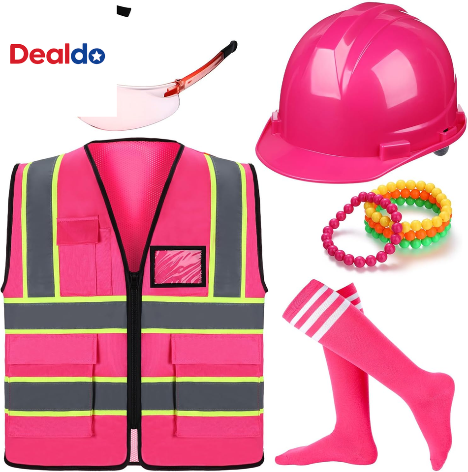 Reflective Learn 9 Pcs Neon Construction Worker Costume Reflective Vest Hat Glasses ...