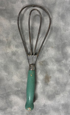 1940s Vtg Wire Egg Beater Whisk Green Painted Wood Handle Farmhouse Kitchen