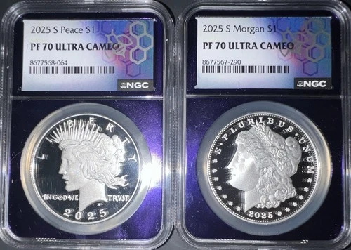 2025 S $1 Morgan & Peace Silver Dollar Set NGC PF 70 Ultra Cameo Purple Core!