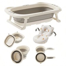 5Pc Foldable Baby Bath Tub Set Infant Soft Cushion Basin Pail Scoop