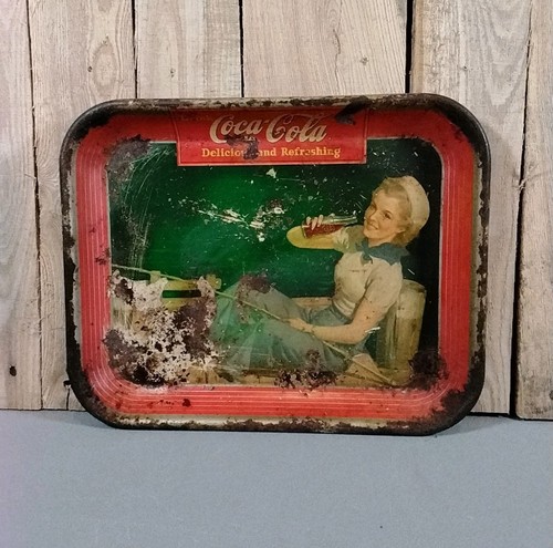 1940 Vintage Original Coca Cola Coke Soda Pop Sailor Girl Advertising Metal Tray