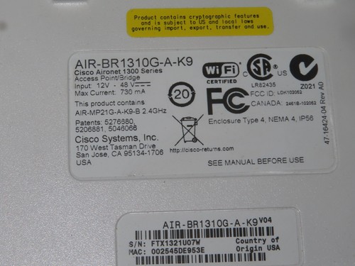 CISCO AIRONET 1300 Series AIR-BR1310G-A-K9-R AIR-PWRINJ-BLR2 - Foto 5 di 6
