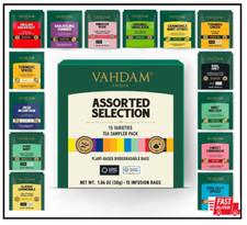 VAHDAM Tea Variety Pack - 15 Flavors Pyramid Tea Bags Assorted Tea Sampler ...