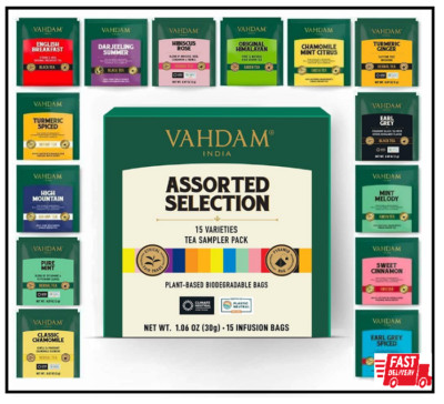 VAHDAM Tea Variety Pack - 15 Flavors Pyramid Tea Bags | Assorted Tea Sampler ...