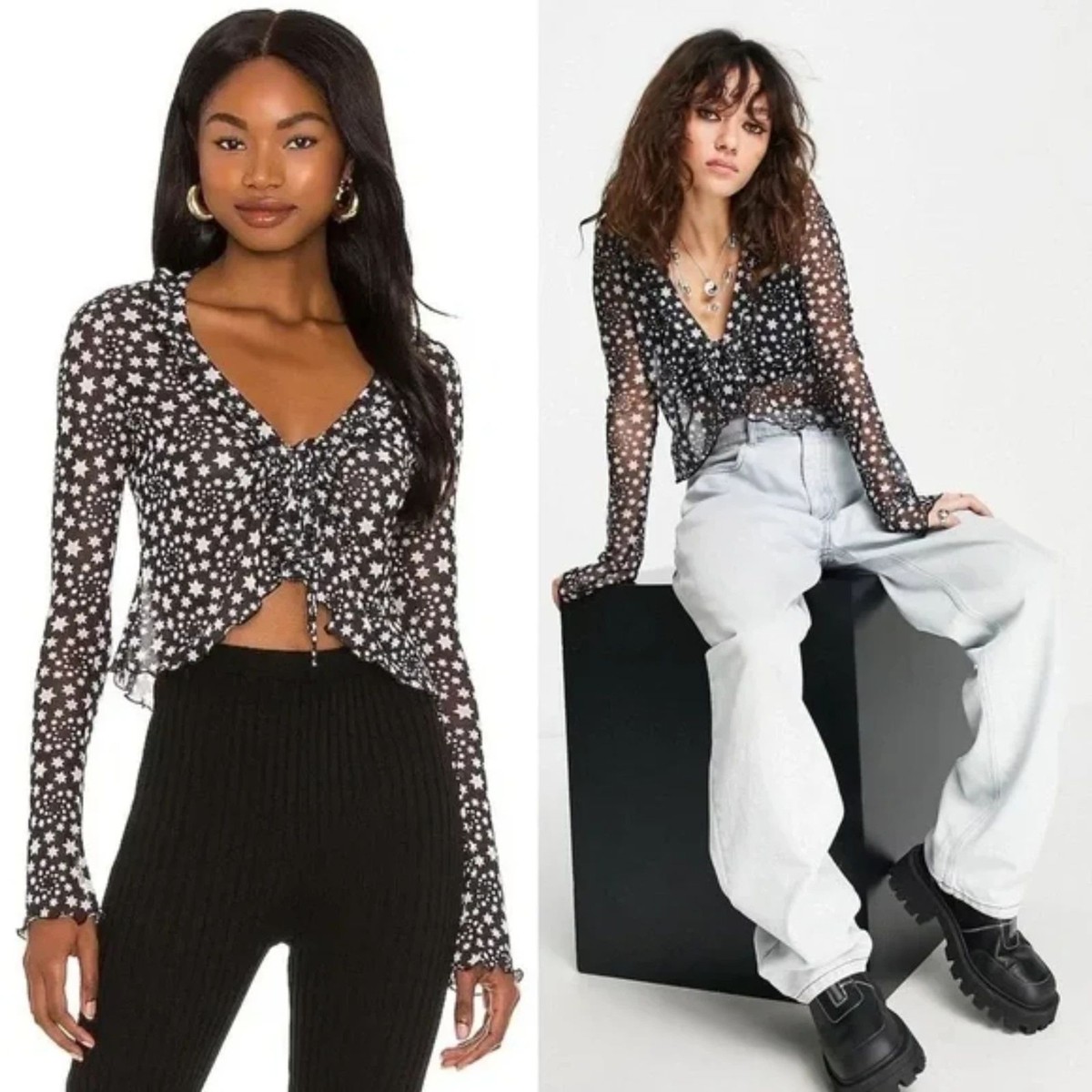 Free People Marne Sheer Top Tie Front Star Print Sz Small